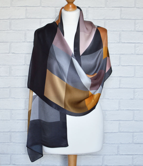 Aria | Silk Charmeuse Scarf - Mustard & Black Block Pinstripe