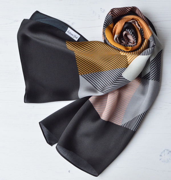 Aria | Silk Charmeuse Scarf - Mustard & Black Block Pinstripe