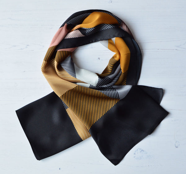 Aria | Silk Charmeuse Scarf - Mustard & Black Block Pinstripe