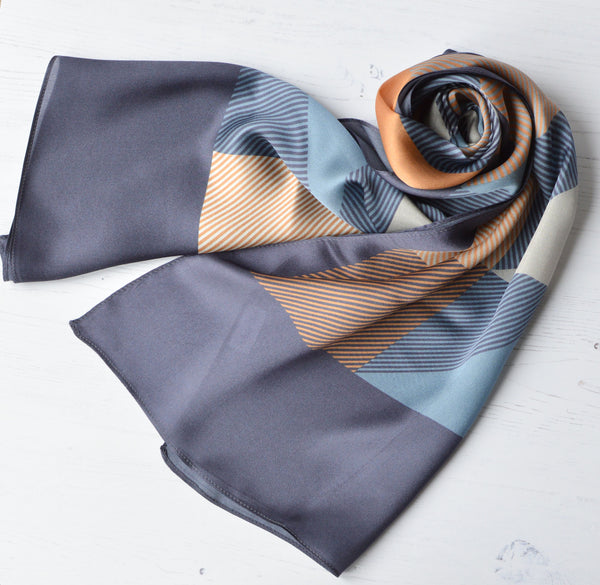 Aria | Silk Charmeuse Scarf - Grey, Peach & Gold Block Pinstripe