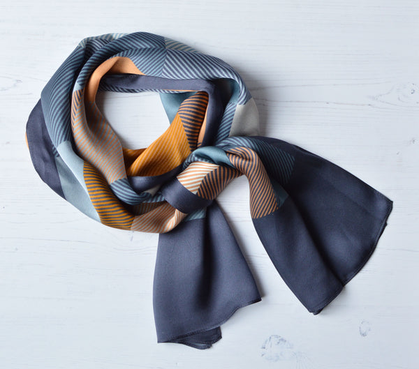 Aria | Silk Charmeuse Scarf - Grey, Peach & Gold Block Pinstripe
