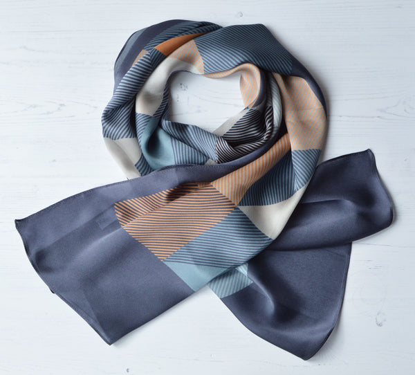 Aria | Silk Charmeuse Scarf - Grey, Peach & Gold Block Pinstripe