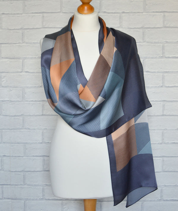 Aria | Silk Charmeuse Scarf - Grey, Peach & Gold Block Pinstripe